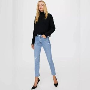 AGOLDE Nico High Rise Slim In Headlines Button Fly Crop Distressed Raw Hem 25